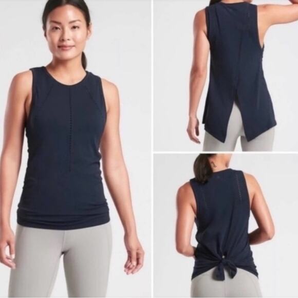 Athleta Foothill Seamless Tank Top Women's size XS Open Back Tie Navy Blue - Picture 1 of 15
